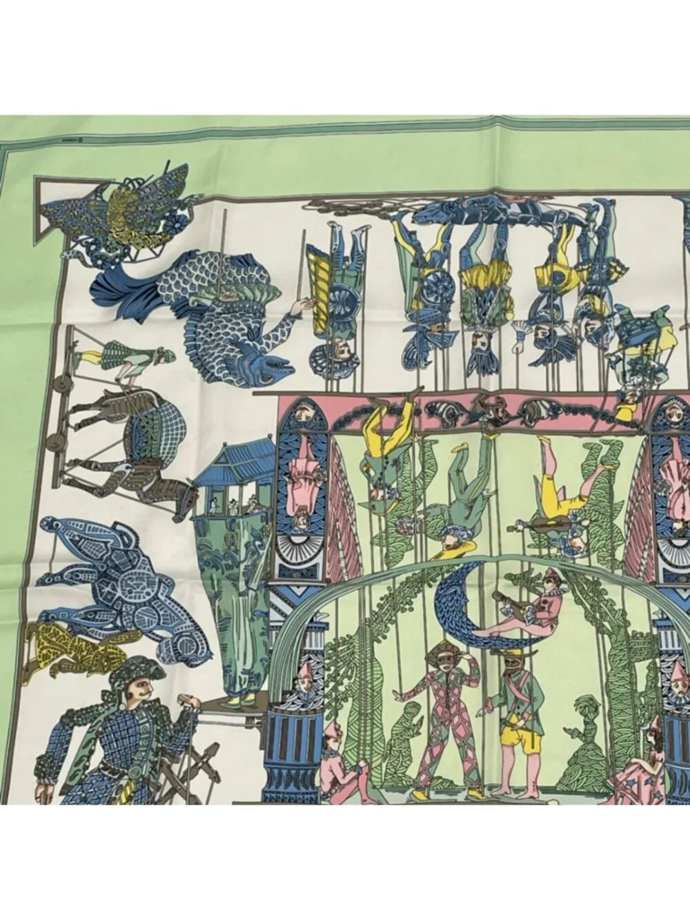 Hermes Carre 90 le Temps Des Marionnettes Marionette Time Silk Scarf Green - Picture 2 of 7